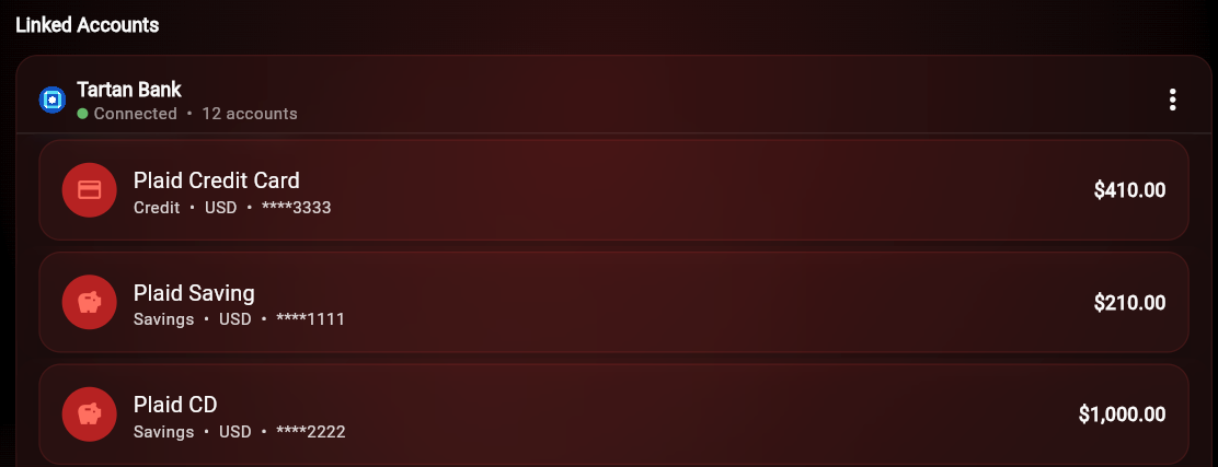 Linked bank accounts via Plaid showing connected checking, savings, and credit accounts