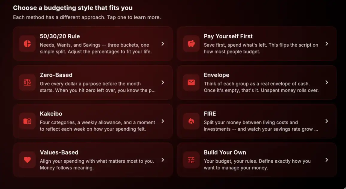 Budget method chooser showing all eight budgeting styles