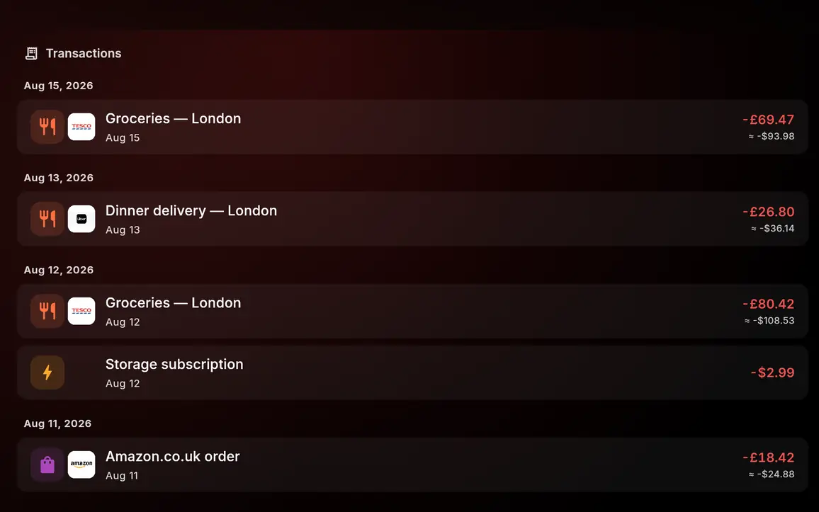 Transactions charged in British pounds displayed with converted US dollar amounts