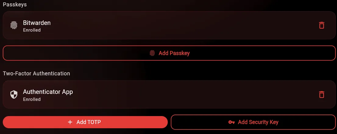 Security settings showing passkey authentication and two-factor authentication options