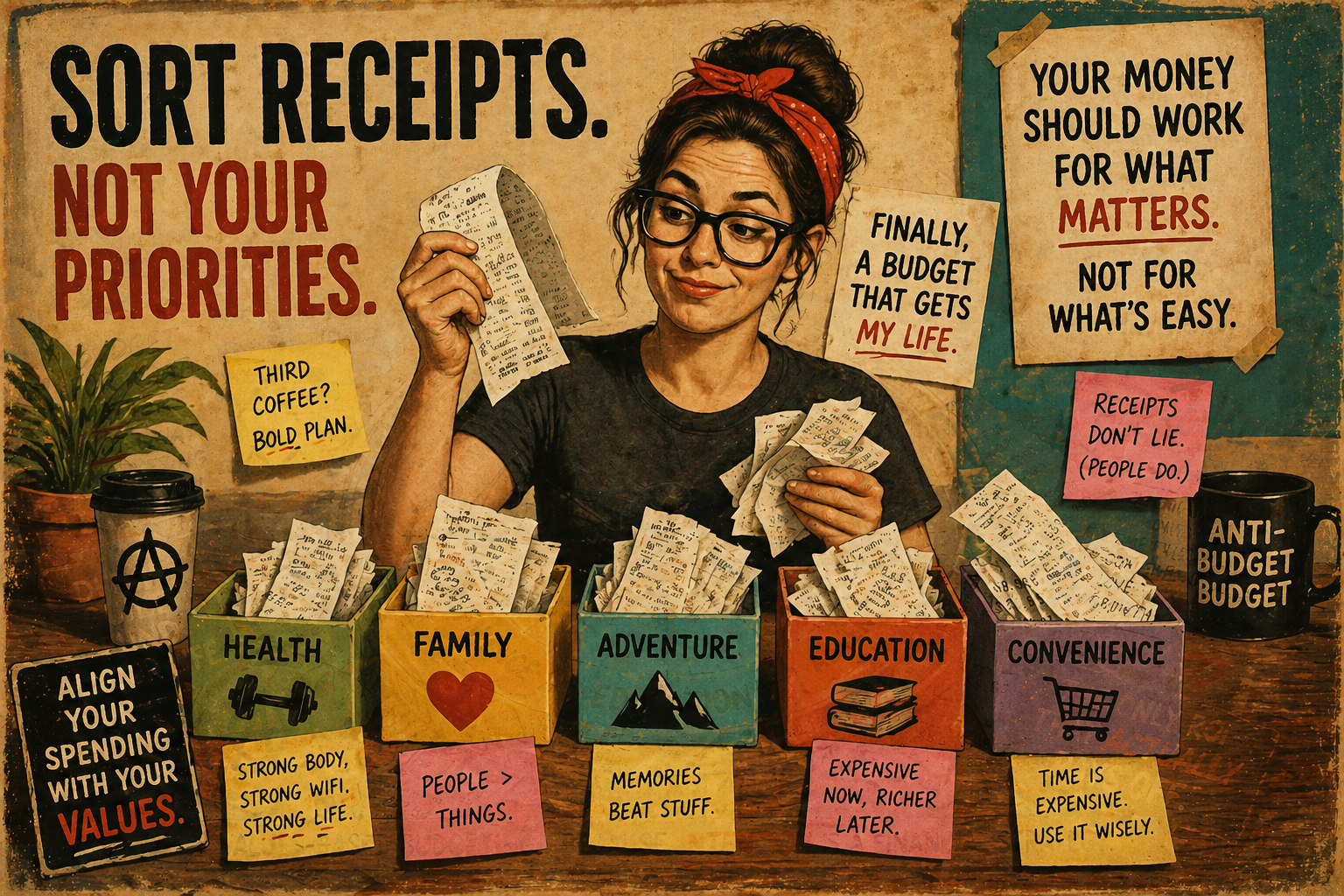 Retro poster showing a person sorting receipts into value boxes labeled Health, Family, Adventure, Education, and Convenience.