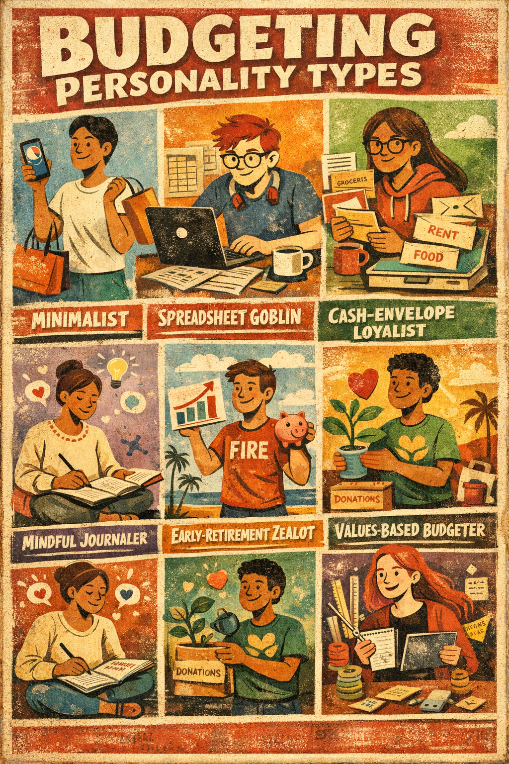 Retro editorial poster illustration titled "Budgeting Personality Types" with six character archetypes in three rows: top row shows the Minimalist with a shopping bag, the Spreadsheet Goblin at a       laptop, and the Cash-Envelope Loyalist holding labeled rent and food envelopes; middle row shows the Mindful Journaler writing by candlelight, the Early-Retirement Zealot in a FIRE shirt holding a      piggy bank and growth chart, and the Values-Based Budgeter caring for a heart-leafed plant with a donations box; bottom row shows the same three middle-row characters in close-up.