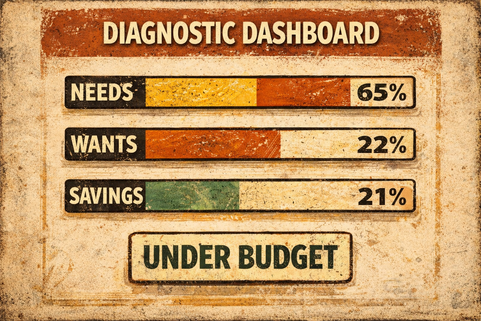 Retro editorial-style diagnostic dashboard mockup showing three budget bars for Needs, Wants, and Savings, plus a large “Under Budget” status on a distressed vintage background.
