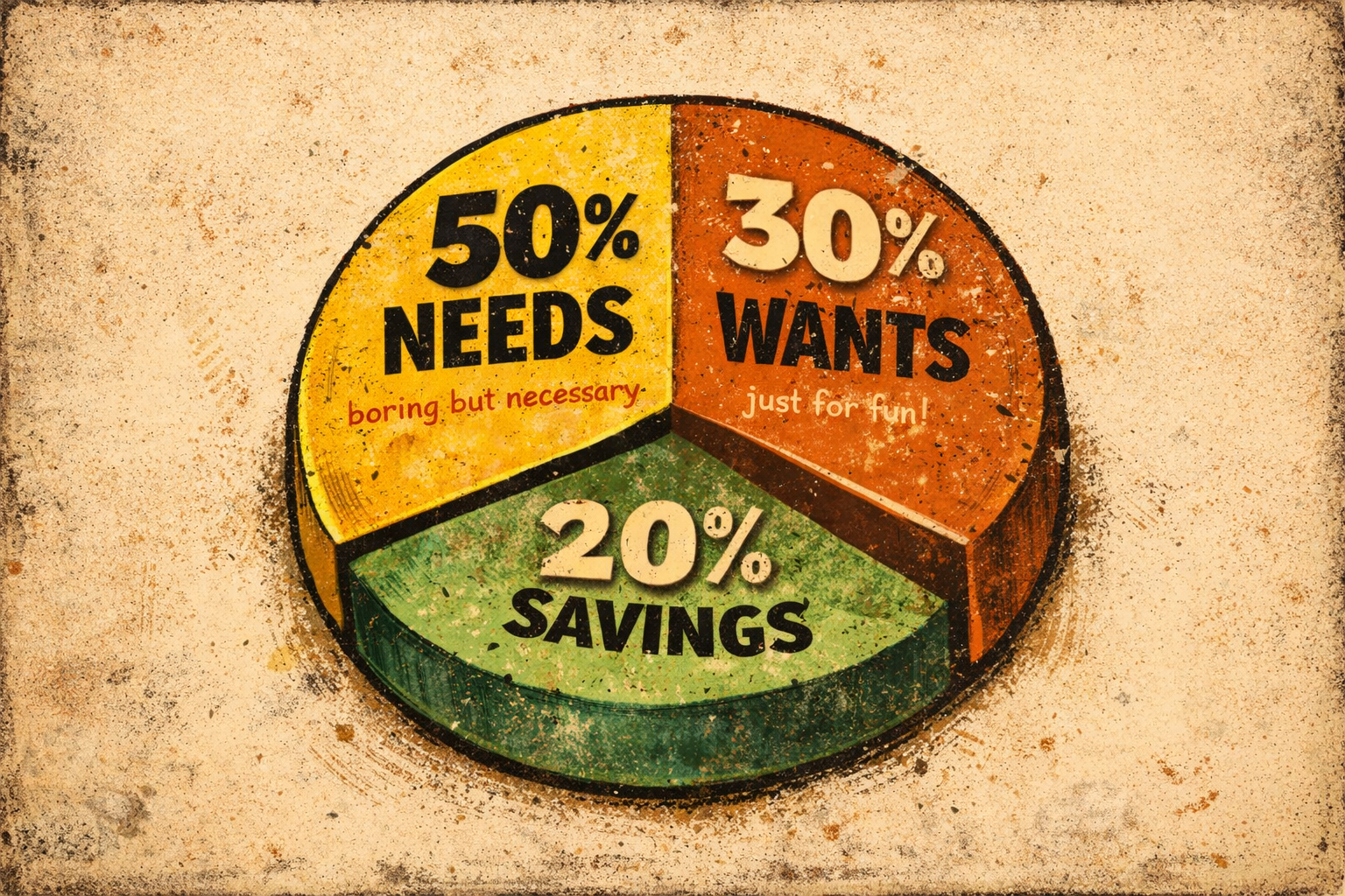 Hand-painted retro pie chart of the 50/30/20 budget rule, with yellow Needs, orange Wants, and green Savings sections, plus playful captions on a textured cream background.