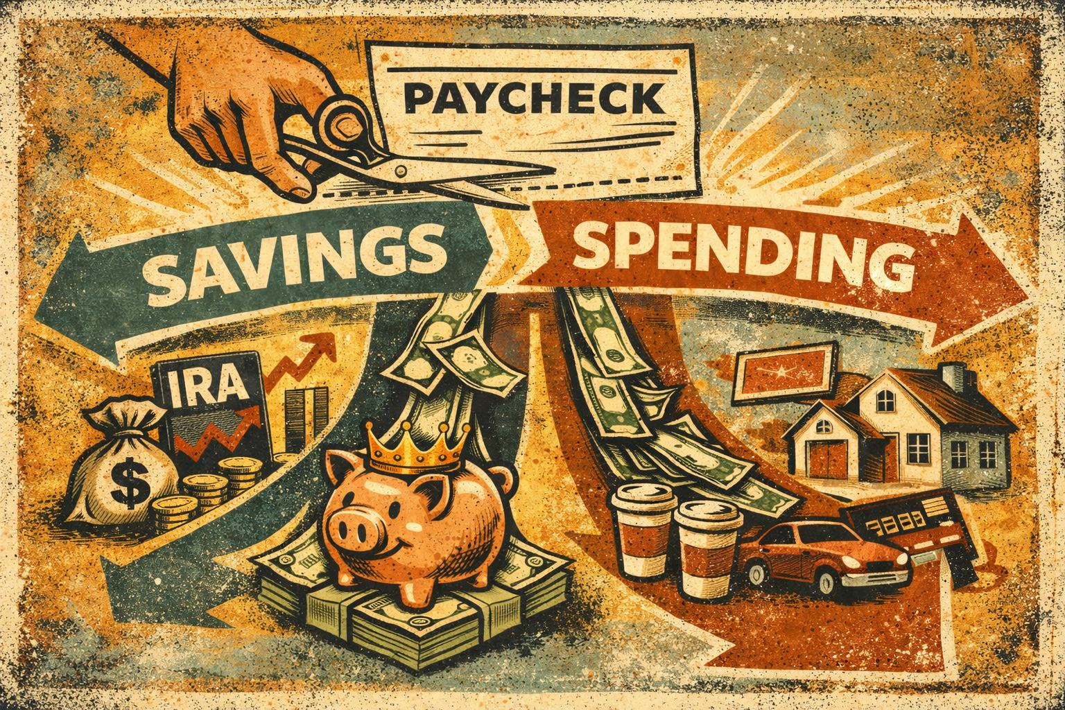 Retro editorial poster-style illustration of a paycheck split between savings and spending, with money flowing first to a piggy bank and the rest toward everyday expenses like housing, coffee, and a car.