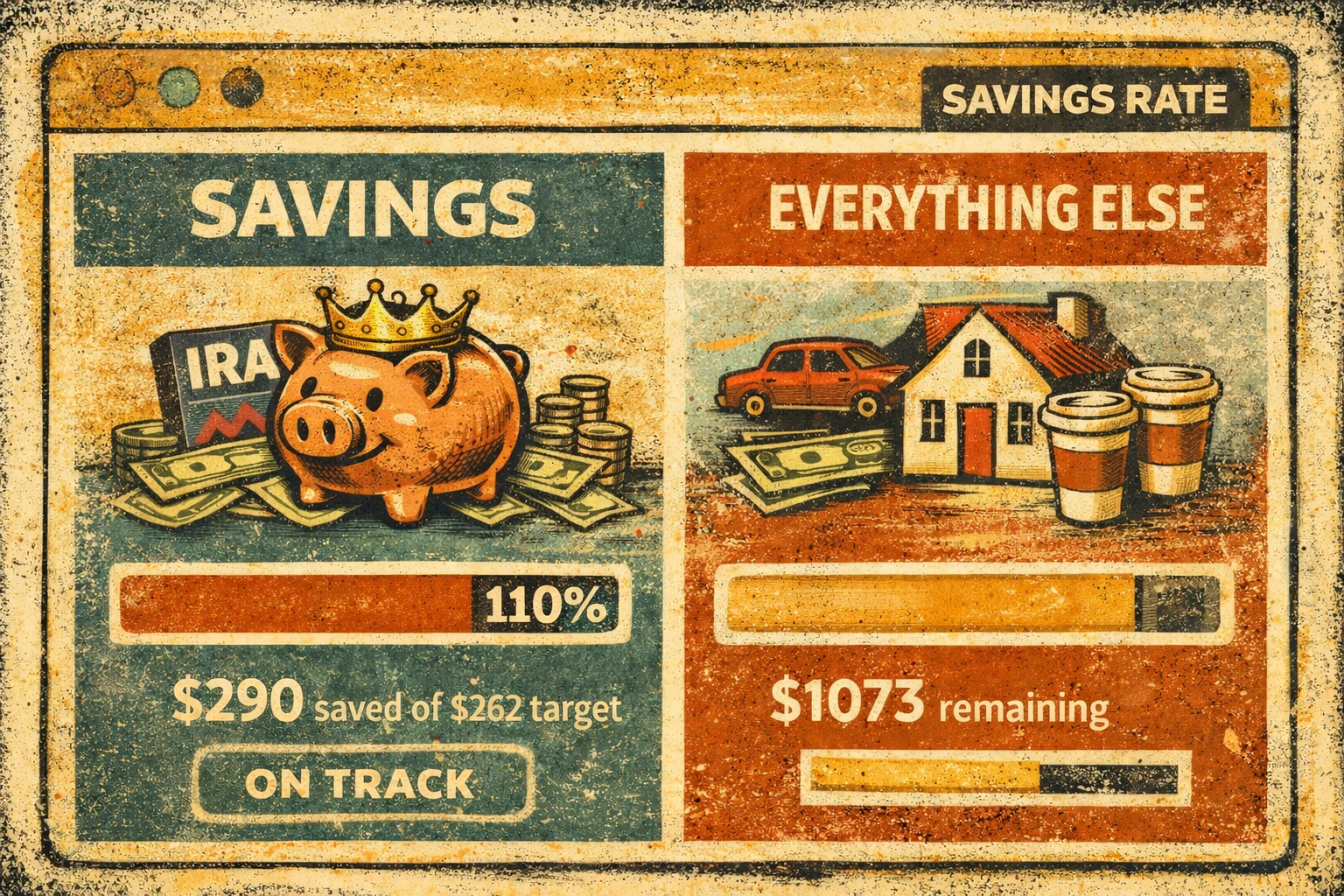 Retro editorial dashboard illustration showing two groups, Savings and Everything Else, with a 110% savings progress bar, on-track status, and separate panels for savings and everyday spending.
