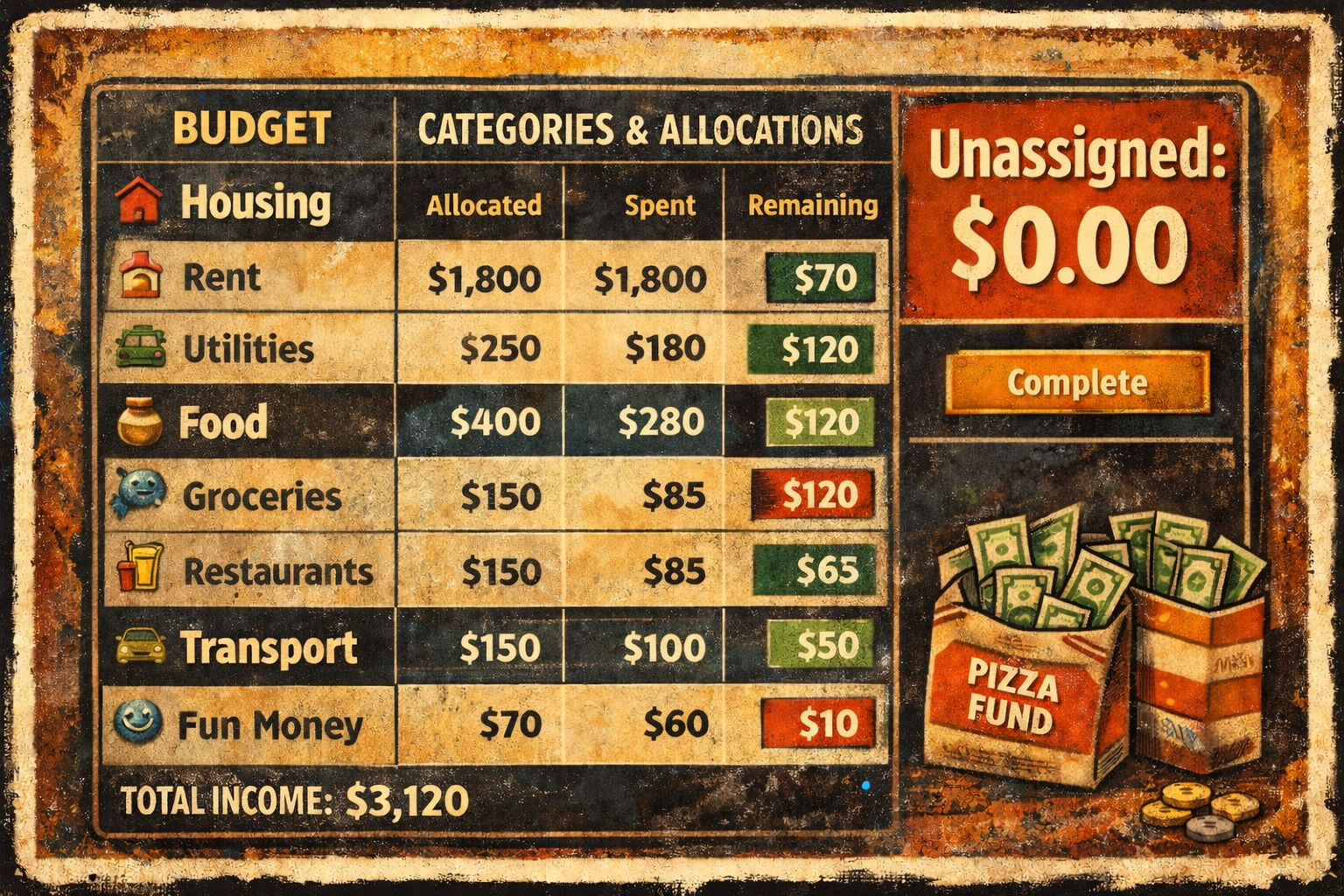 Retro editorial dashboard illustration of a zero-based budget showing budget groups, category allocations, remaining amounts, and a large panel reading “Unassigned: $0.00.”