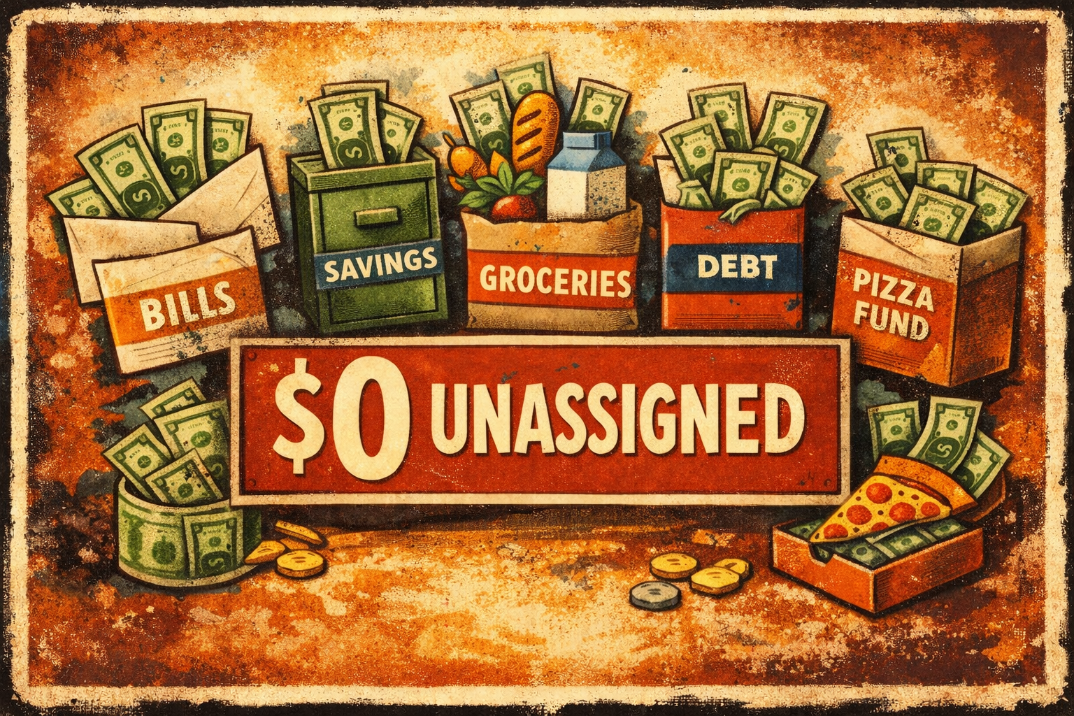 Retro editorial poster-style illustration of zero-based budgeting, with dollar bills assigned to bills, savings, groceries, debt, and a small pizza fund around a large central sign reading “$0 Unassigned.”