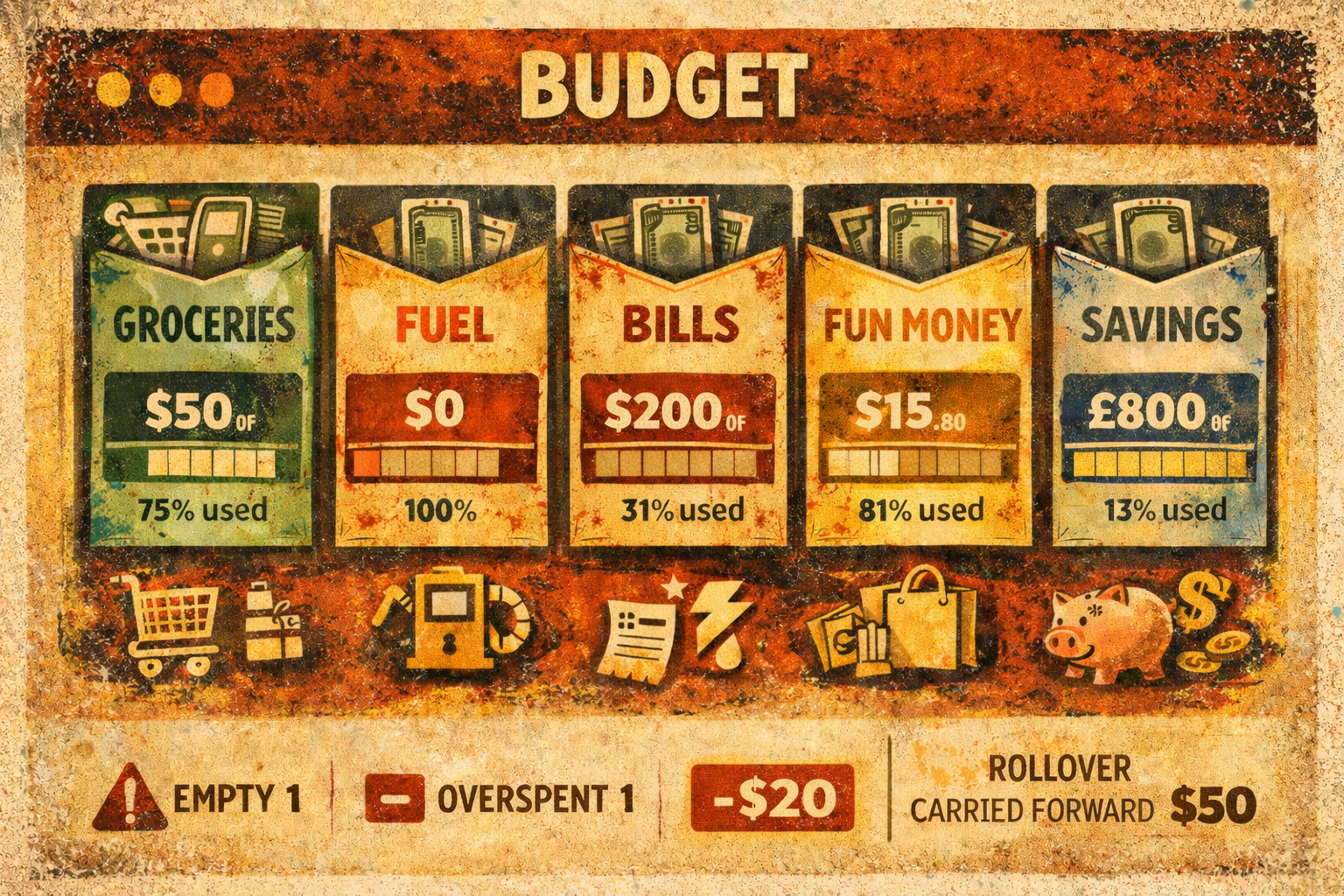 Retro poster-style budget dashboard showing digital envelopes, remaining balances, percentage used, and empty or overspent status badges in a warm vintage palette.