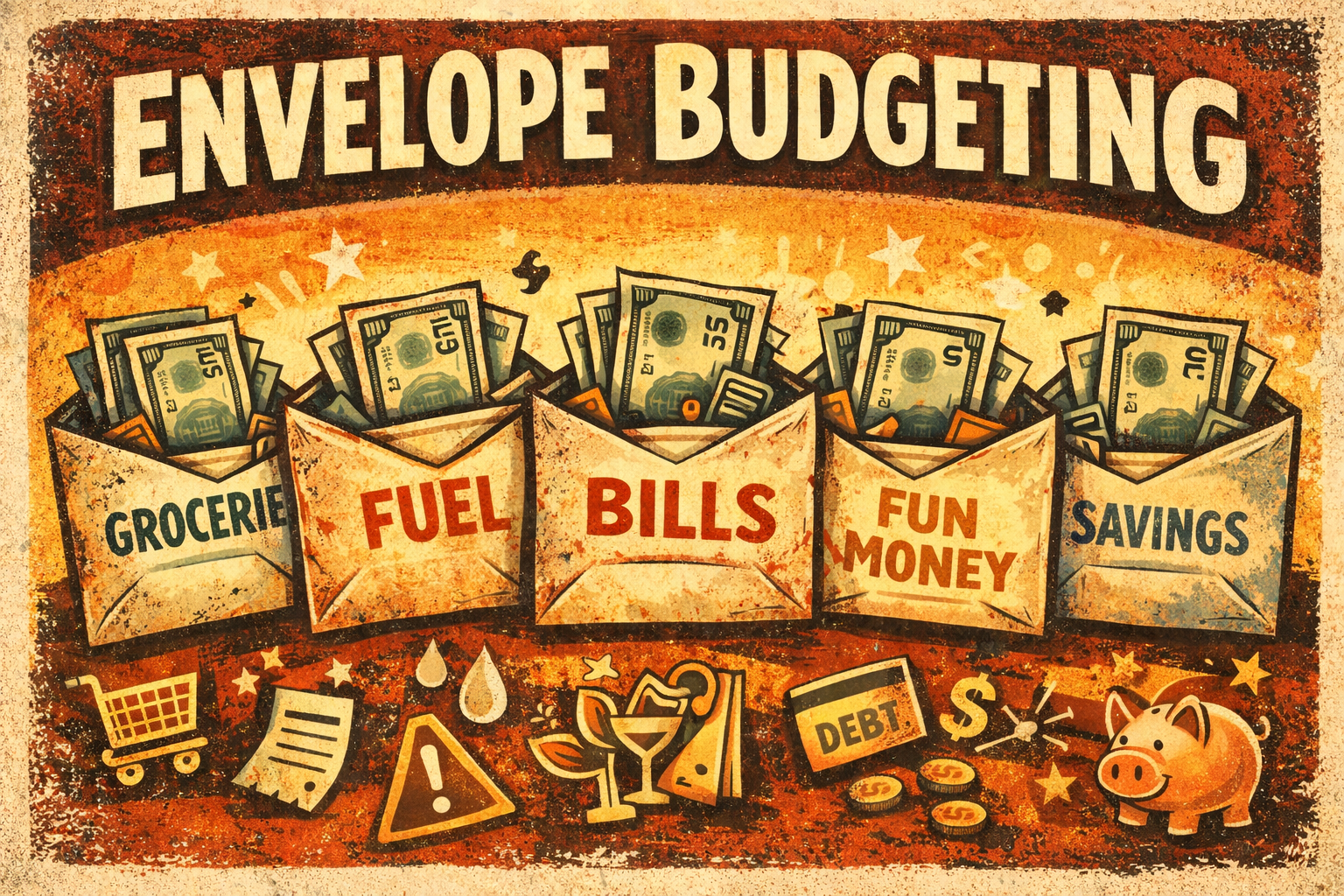 Retro poster-style illustration of envelope budgeting with labeled envelopes for groceries, fuel, bills, fun money, and savings, each filled with cash in a warm vintage palette.