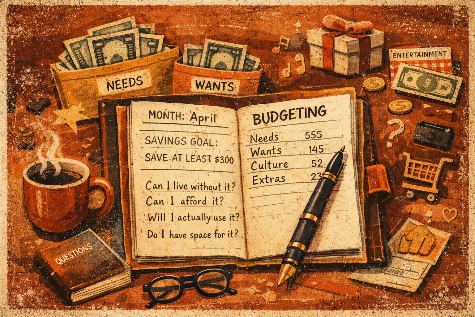 Retro poster-style illustration of a handwritten budgeting journal showing savings goals, spending categories, and reflection questions, surrounded by cash envelopes, a fountain pen, coffee, and small spending icons.