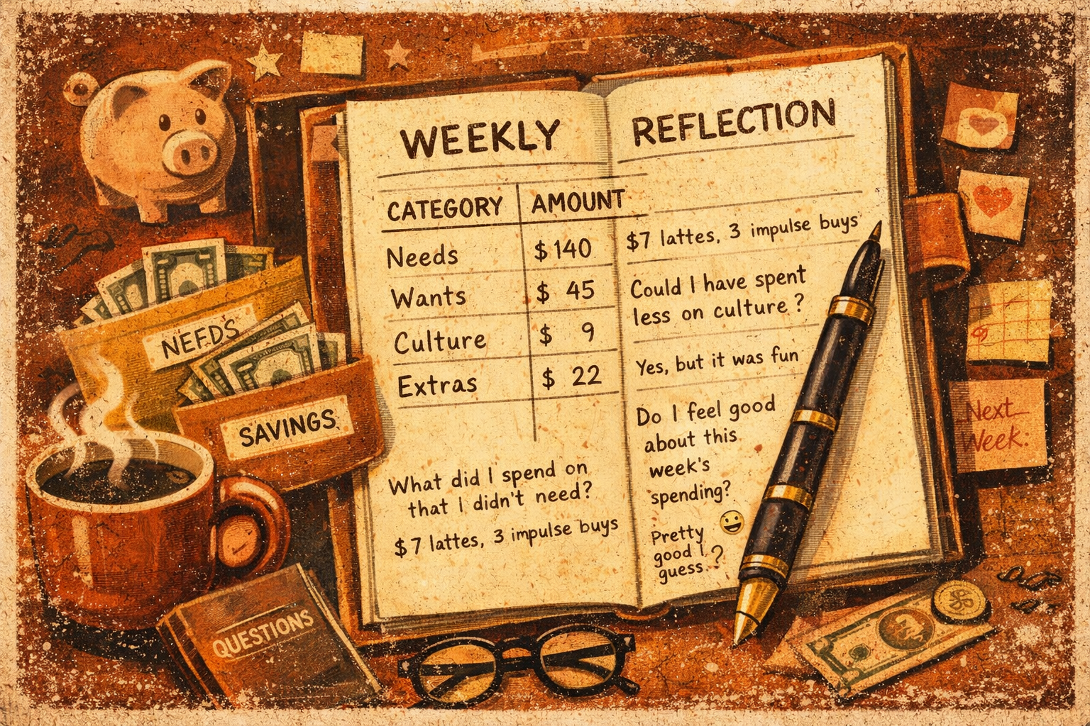 Retro poster-style illustration of a weekly budget reflection page with handwritten notes, spending totals, reflection prompts, cash envelopes, a fountain pen, and a warm vintage palette.