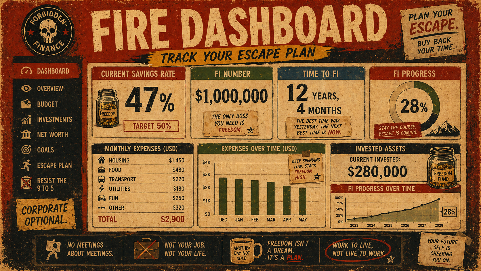 Retro FIRE dashboard mockup showing savings rate, FI number, time to FI, progress percentage, invested assets, and monthly expenses in a vintage poster style.