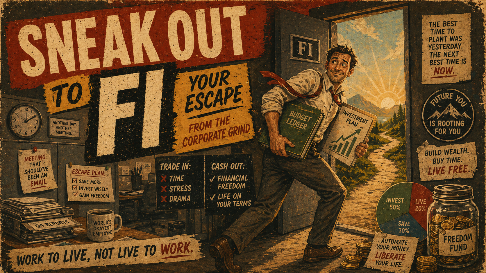 Retro poster-style illustration of a worker sneaking out an office door labeled “FI,” carrying a budget ledger and investment plan toward financial freedom.