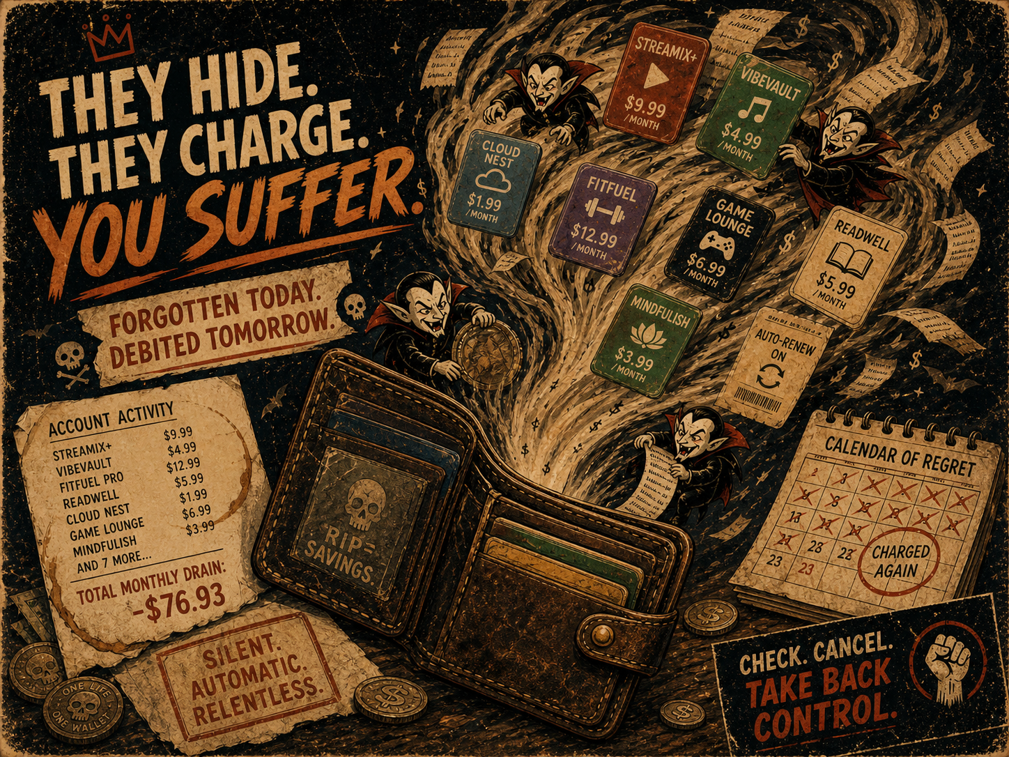 Retro poster of an open wallet drained by vampire-like subscription charges, with app tiles, auto-renew notices, receipts, and a calendar of repeated charges swirling away.