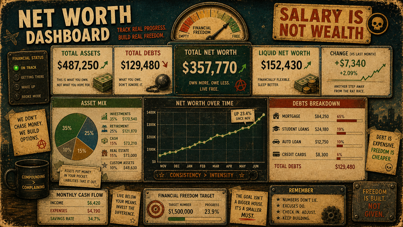 Retro net worth dashboard showing assets, debts, liquid net worth, an upward wealth trend chart, and a “salary is not wealth” warning badge.