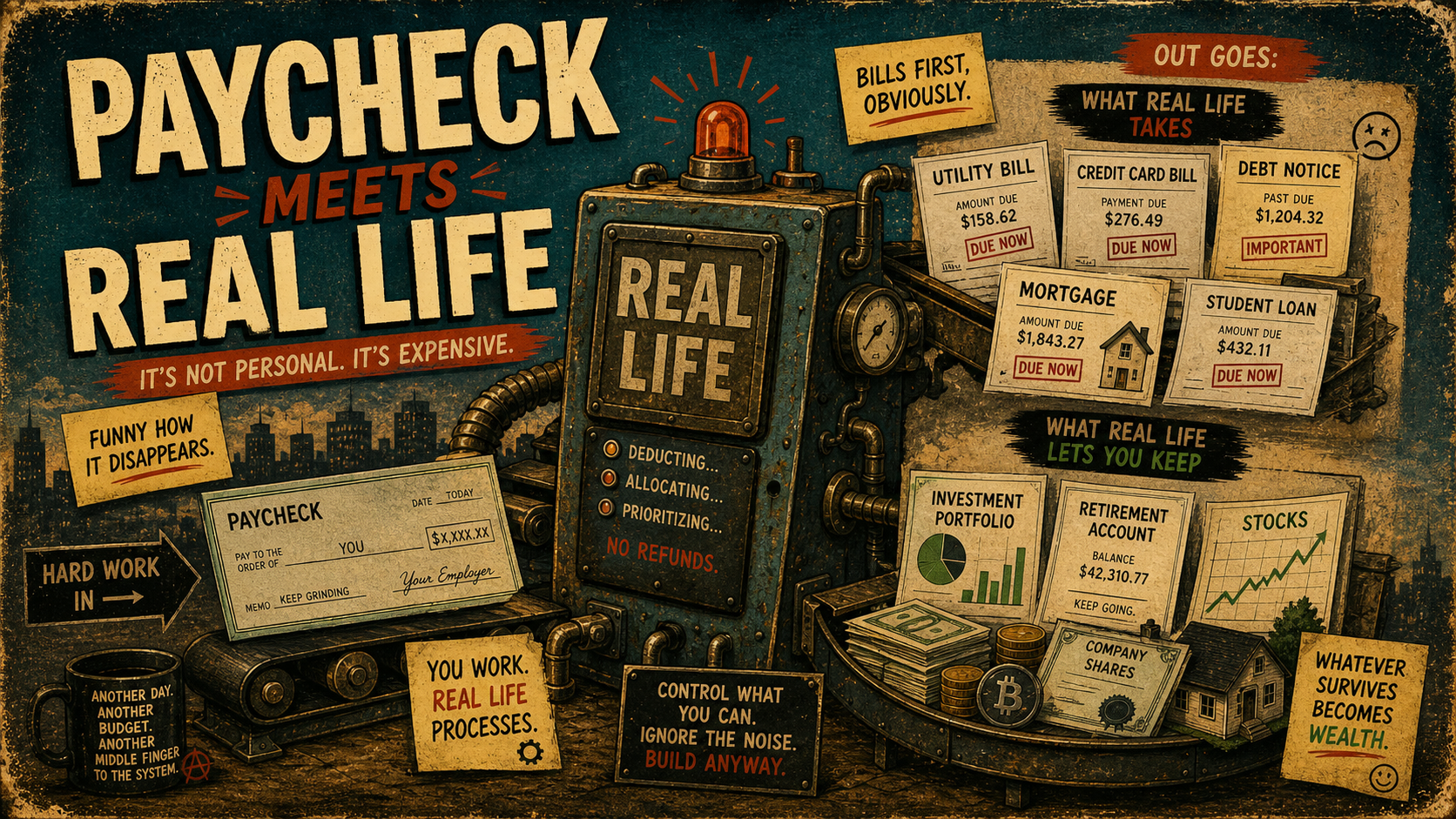 Paycheck entering a “Real Life” machine and coming out as bills, debt, investments, retirement savings, and assets.