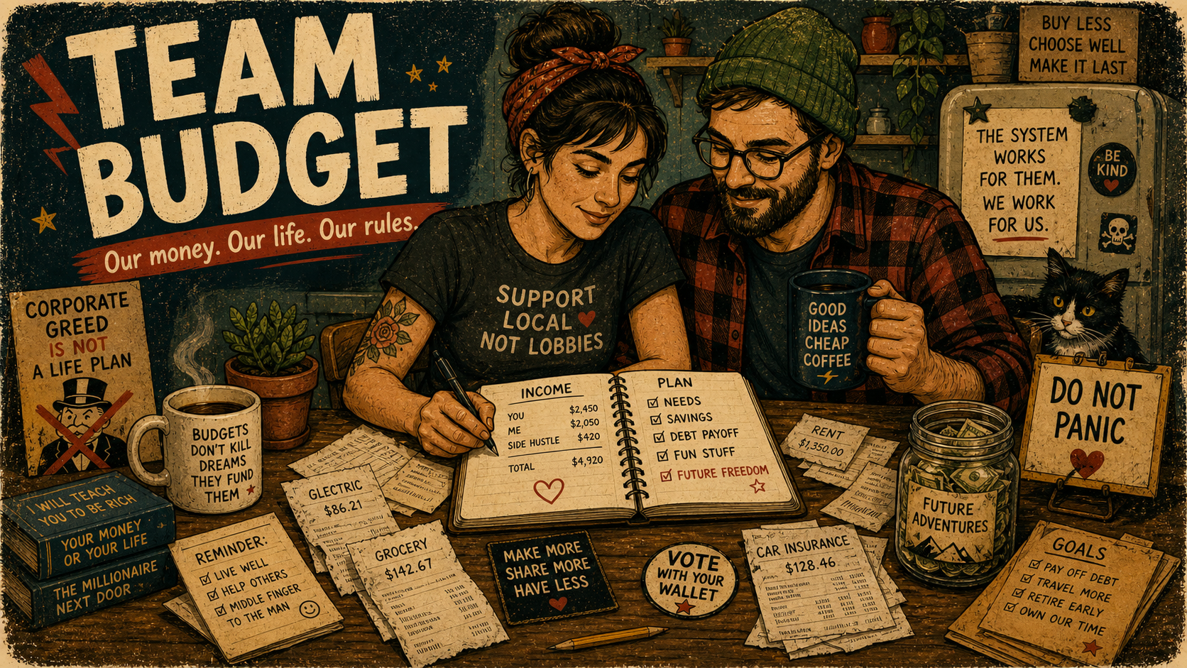 Two partners calmly budget together at a kitchen table with bills, coffee mugs, a shared notebook, savings jar, and a “Do Not Panic” sign.