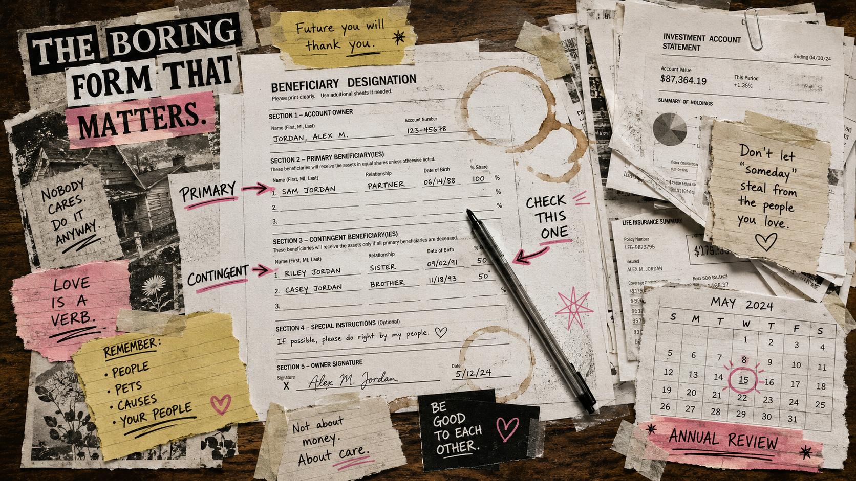 Handmade collage showing a beneficiary designation form with arrows marking primary and contingent choices, surrounded by statements, notes, and a small annual review calendar.