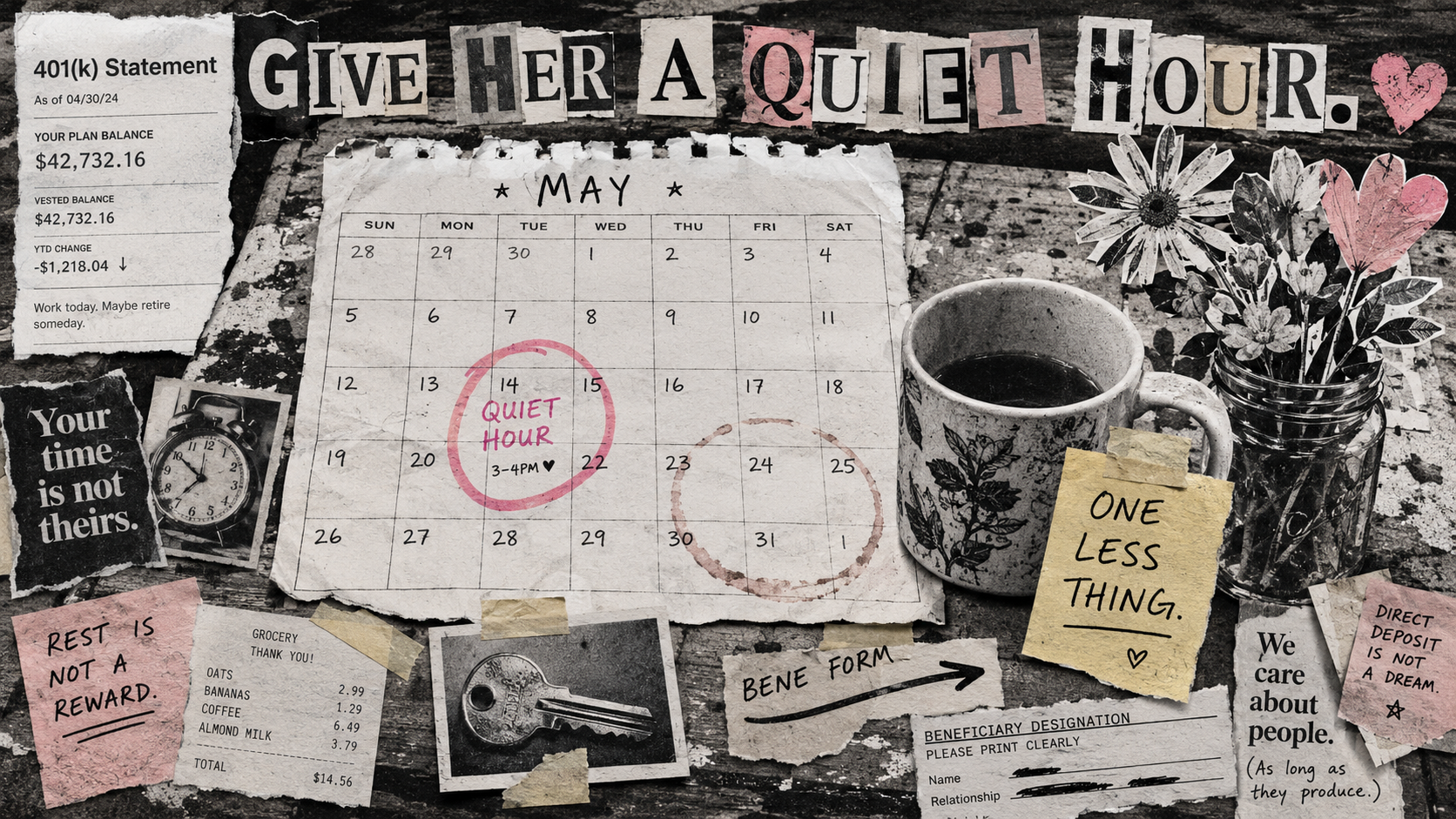 Handmade zine-style collage centered on a torn May calendar with a pink-circled “Quiet Hour,” surrounded by a mug, flowers, a house key, financial paperwork, and benefit-form notes.