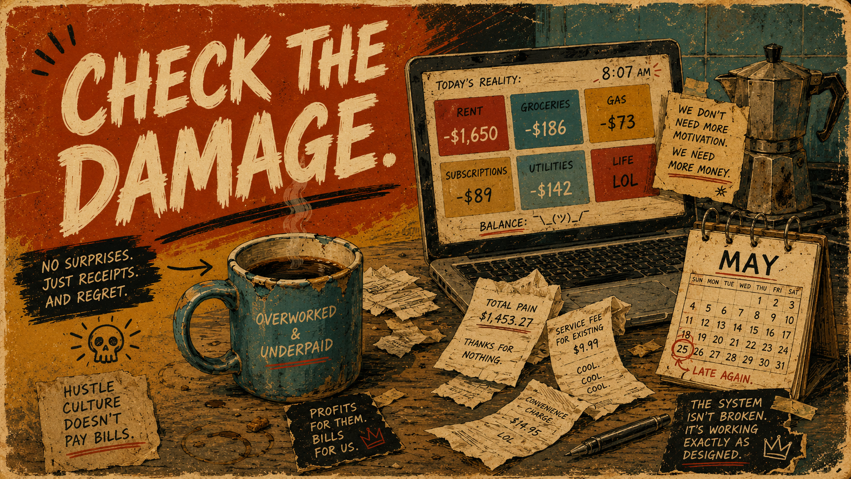 Retro editorial poster-style illustration of a messy kitchen counter with a coffee mug, receipts, a laptop showing budget categories, and a late-May desk calendar, symbolizing a mid-year money reset and spending check-in.