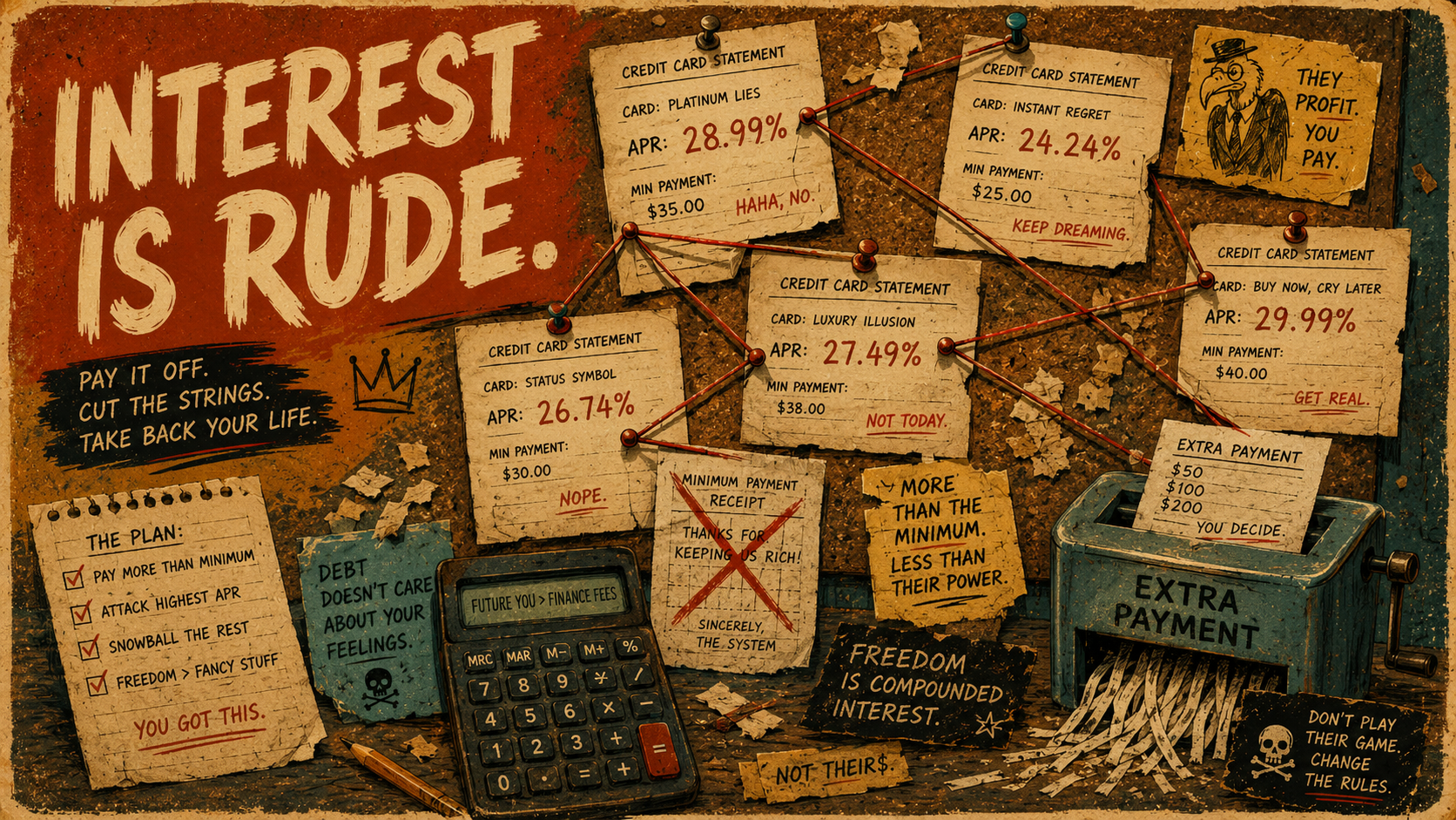 Retro editorial poster-style illustration of credit card statements pinned to a corkboard with APR rates, red string, a calculator, and an extra payment shredder, symbolizing debt payoff and high-interest credit card repayment.