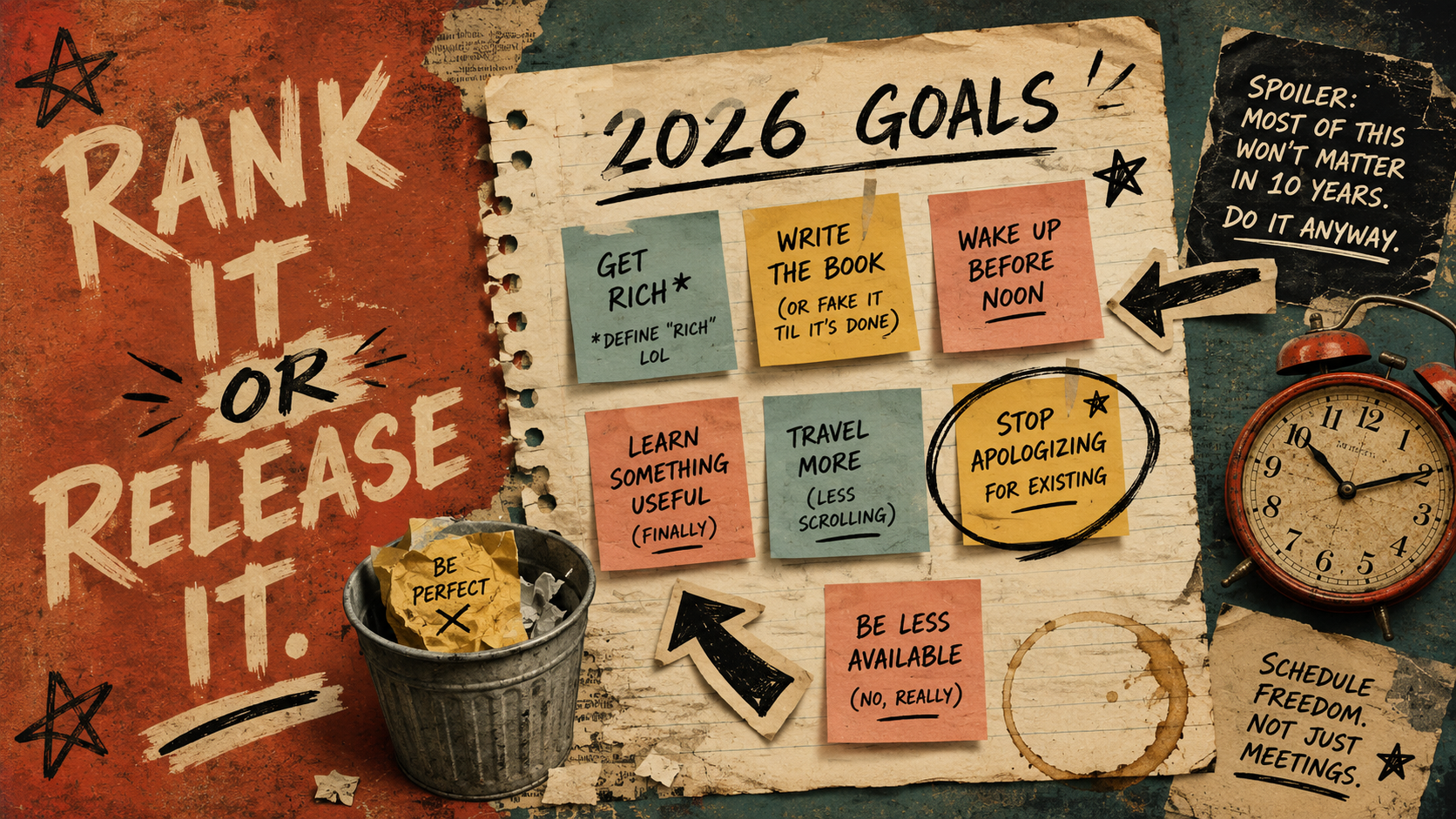 Retro editorial poster-style illustration of a 2026 goals notebook with rearranged sticky notes, a circled priority, a trash can, and an alarm clock, symbolizing mid-year goal setting and financial reprioritization.