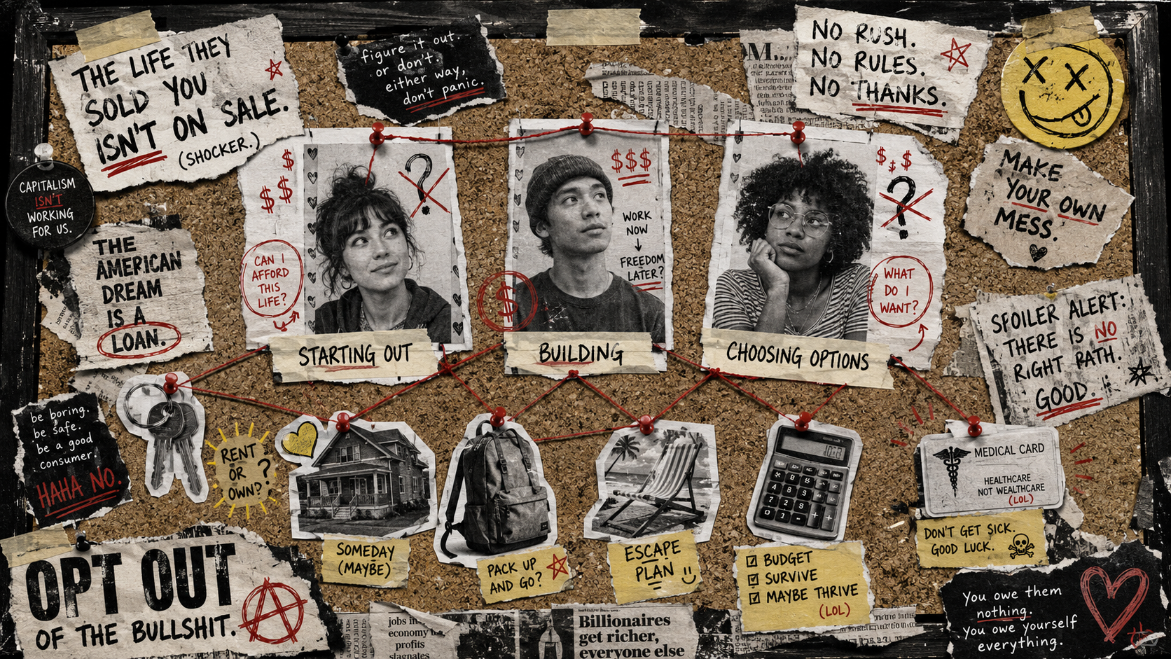 DIY punk zine collage showing three life-stage portraits connected to personal finance choices like rent, homeownership, budgeting, travel, and healthcare.