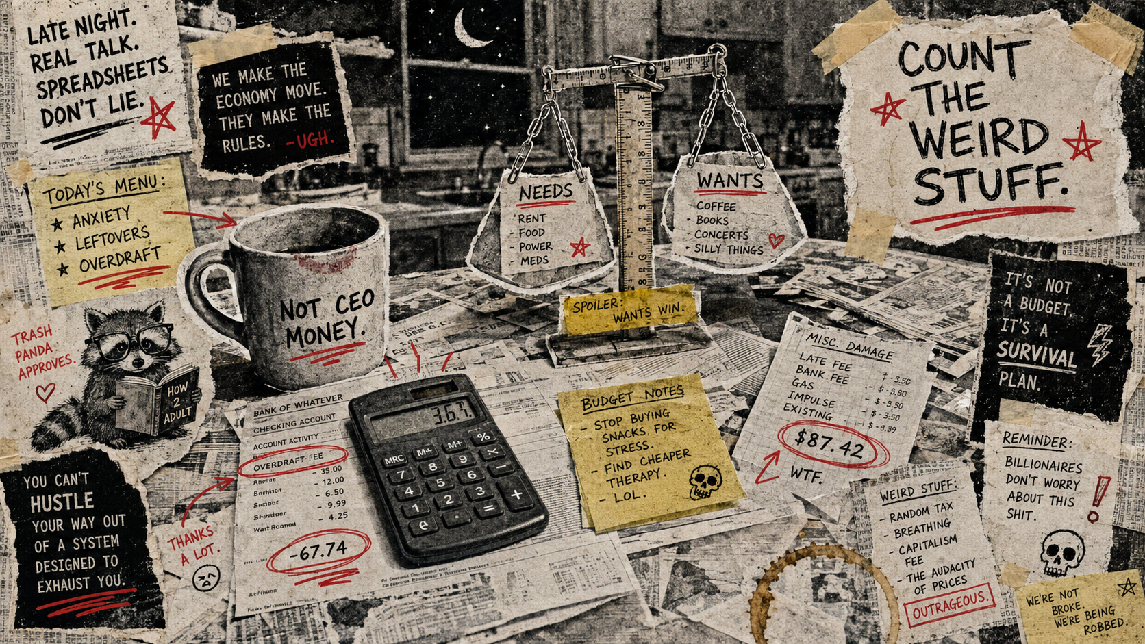 DIY punk zine collage about budgeting, showing a cluttered kitchen table with calculator, bank statements, sticky notes, coffee mug, and a handmade balance scale.