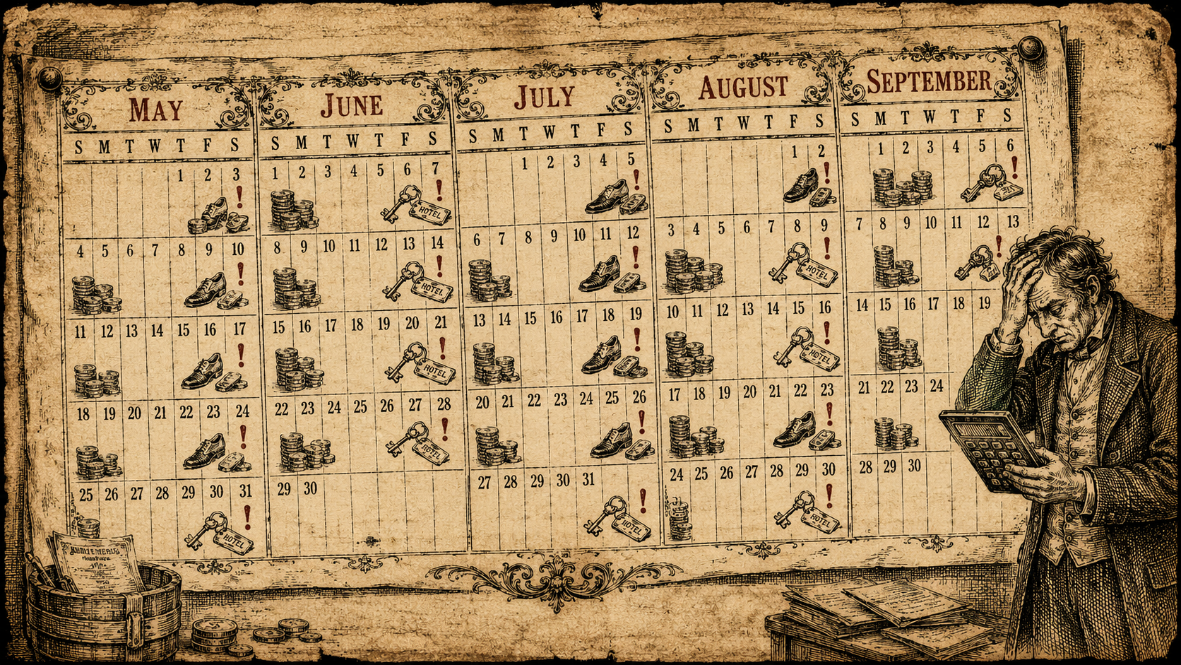 19th-century almanac-style illustration of a crowded May-to-September calendar filled with coins, shoes, hotel keys, and warning marks, beside an exhausted wedding guest holding a calculator.