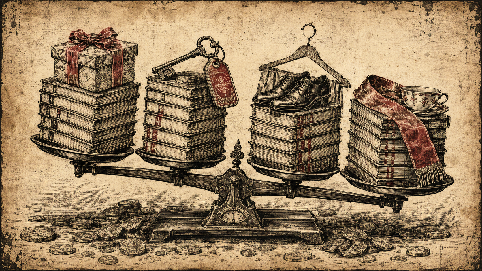 Vintage woodcut illustration of wedding guest expenses, showing a balance scale weighed down by gifts, hotel costs, dress shoes, party events, and spilled coins.