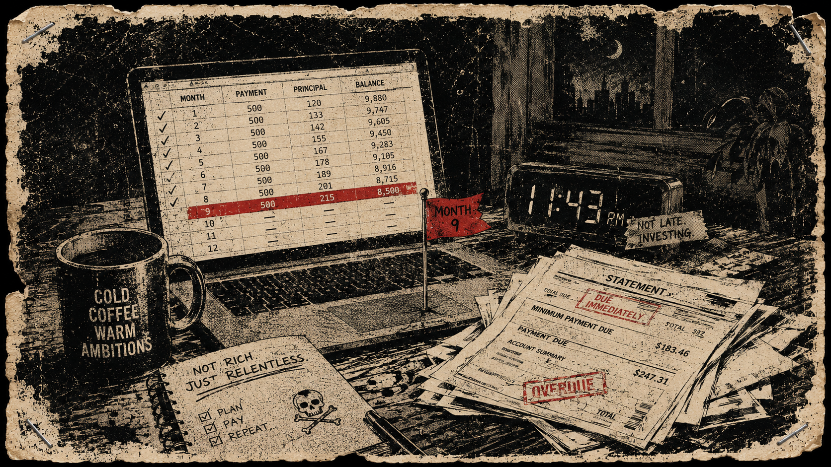 Late-night debt payoff illustration in punk protest flyer style showing a kitchen table with a budgeting spreadsheet, cold coffee, debt statements, and a red flag marking month 9.