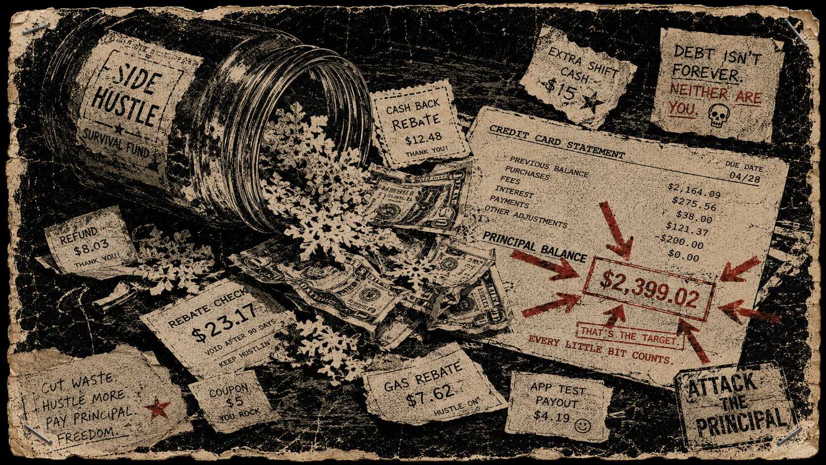 Punk protest-style debt payoff illustration showing a tipped jar spilling side-hustle cash, rebate checks, refund slips, and paper snowflakes onto a credit card bill, with red arrows targeting the principal balance.