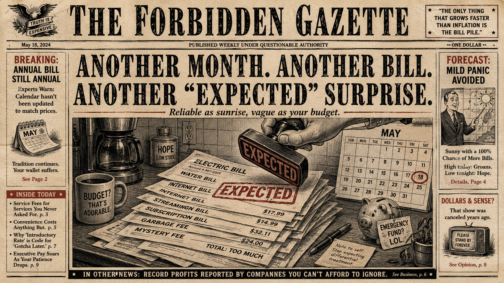 Satirical newspaper-style illustration of recurring household bills on a kitchen counter, a wall calendar circled in red, and a bold EXPECTED stamp landing on the top bill.