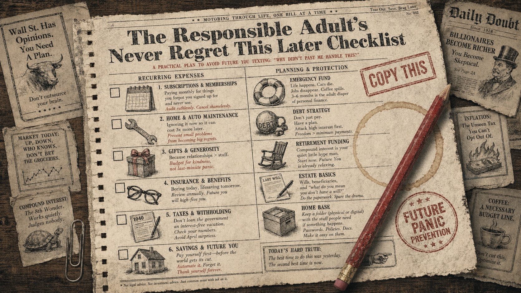 Satirical newspaper-style personal finance checklist with a red pencil, coffee ring, and stamps reading Copy This and Future Panic Prevention.