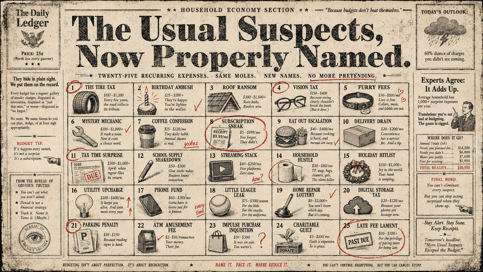 Satirical newspaper-style infographic showing 25 recurring household expenses, including tires, birthdays, roof repairs, glasses, pet costs, taxes, subscriptions, and late fees.