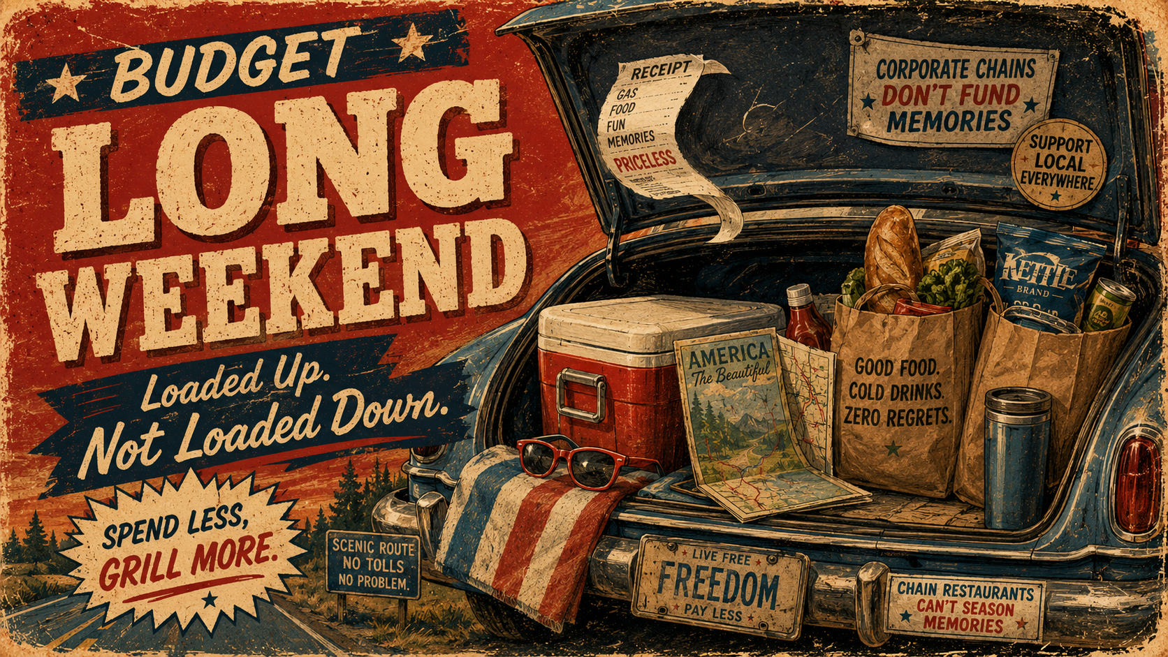 Retro budget long weekend poster showing an open car trunk packed with a cooler, grocery bags, beach towel, park map, sunglasses, and receipt, with “Spend Less, Grill More” caption.