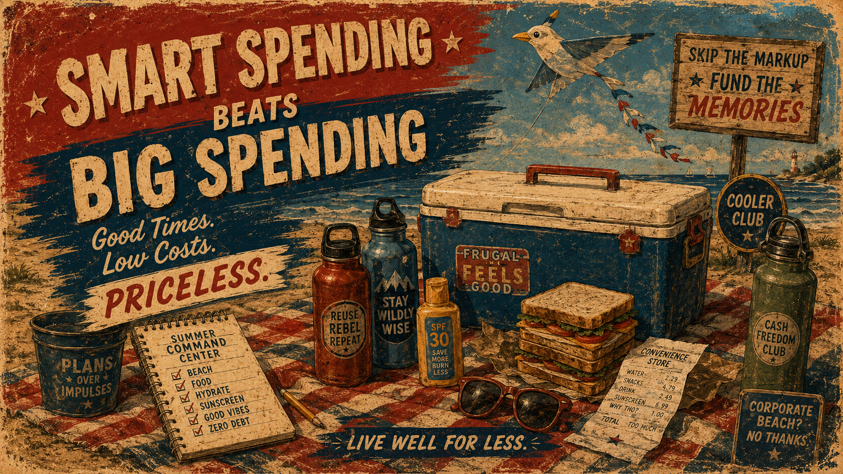 Retro beach picnic poster showing a cooler, reusable water bottles, stacked sandwiches, sunscreen, sunglasses, crumpled receipt and seagull kite with “Cooler Club” text.