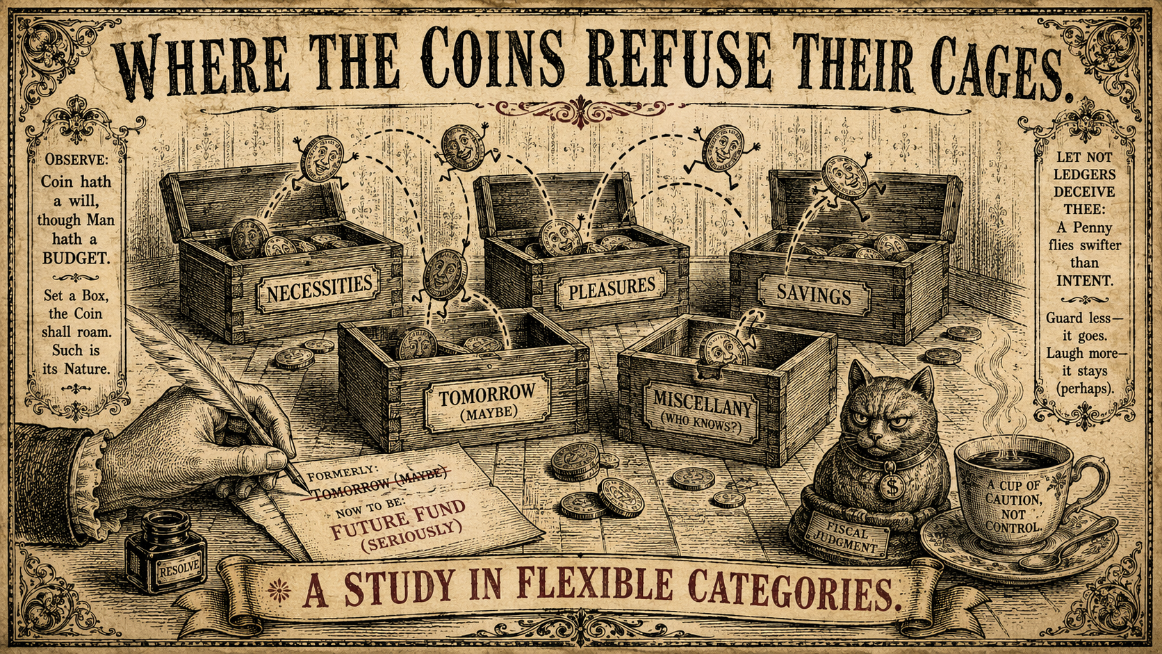 Almanac woodcut illustration of budget boxes with coins hopping between categories, a quill relabeling them, and a stern cat paperweight watching beside a teacup.