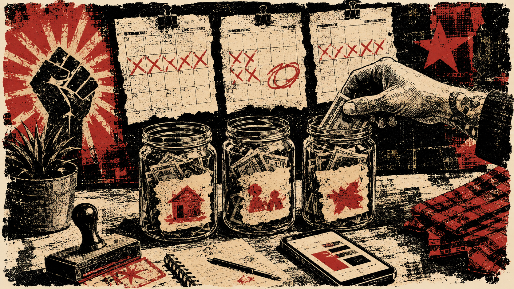 Punk protest-style illustration of cash stuffing with three savings jars, marked calendar pages, a budgeting phone app, and a hand moving money between jars.