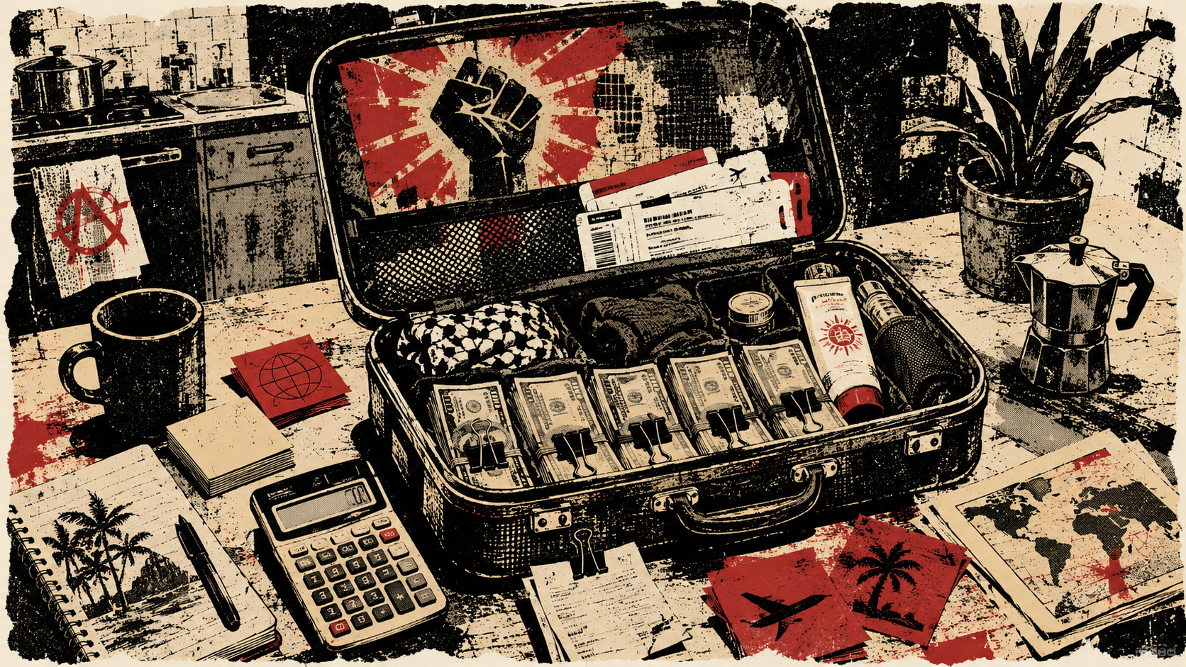 Punk screen-print illustration of travel budgeting with an open suitcase, cash stacks, calculator, boarding passes, and sunscreen on a kitchen table.