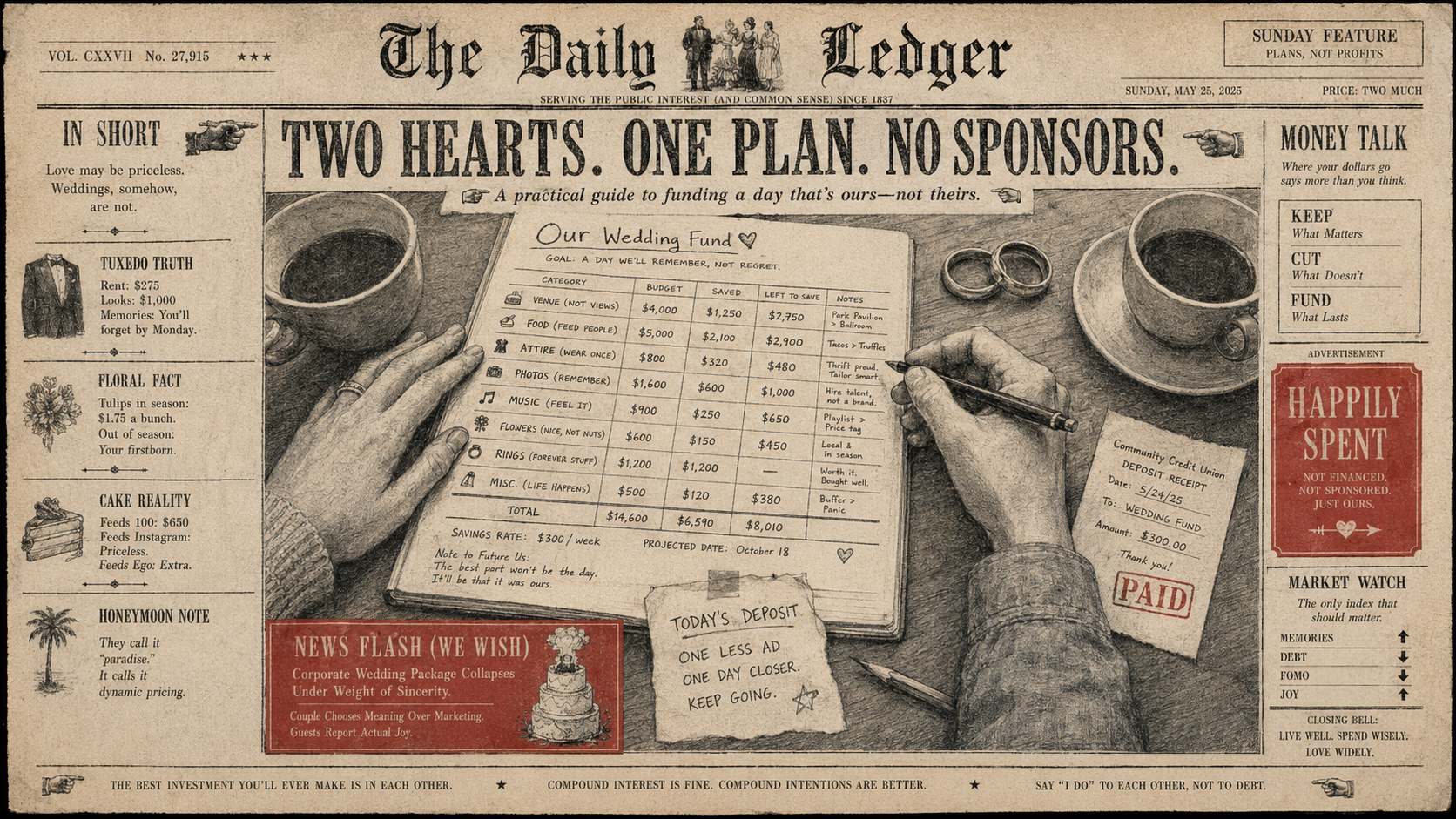 Vintage newspaper-style wedding budget illustration showing two hands reviewing a shared wedding fund ledger beside rings, coffee cups and a paid deposit receipt.
