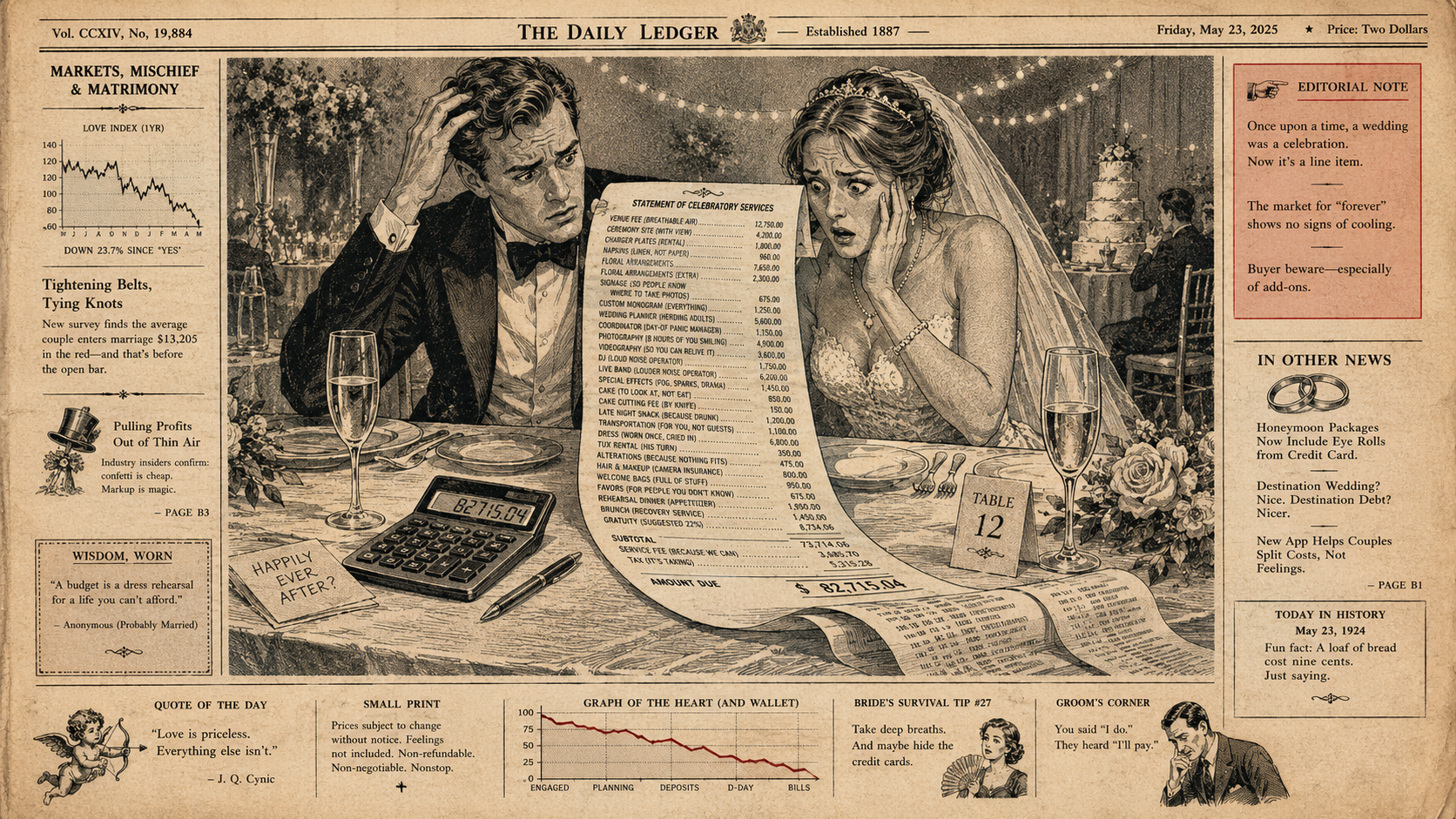 Vintage broadsheet newspaper illustration of a shocked wedding couple reviewing a long vendor invoice, with champagne flutes and calculator, satirising rising wedding costs.