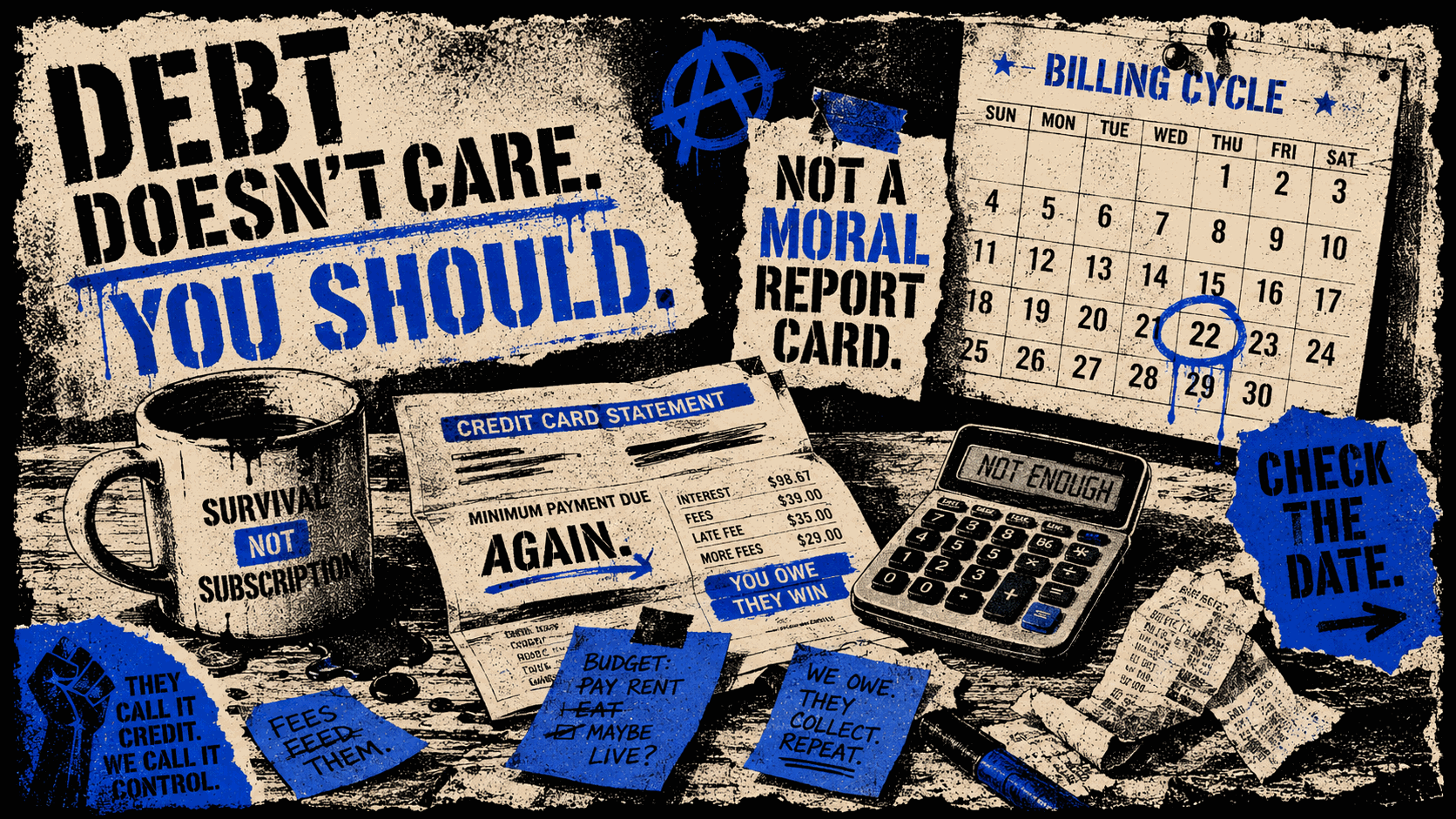 Protest-style illustration of a credit card statement, calculator, coffee mug, sticky notes, and a billing cycle calendar with the statement date circled, highlighting how credit card billing dates affect credit utilization and credit scores.
