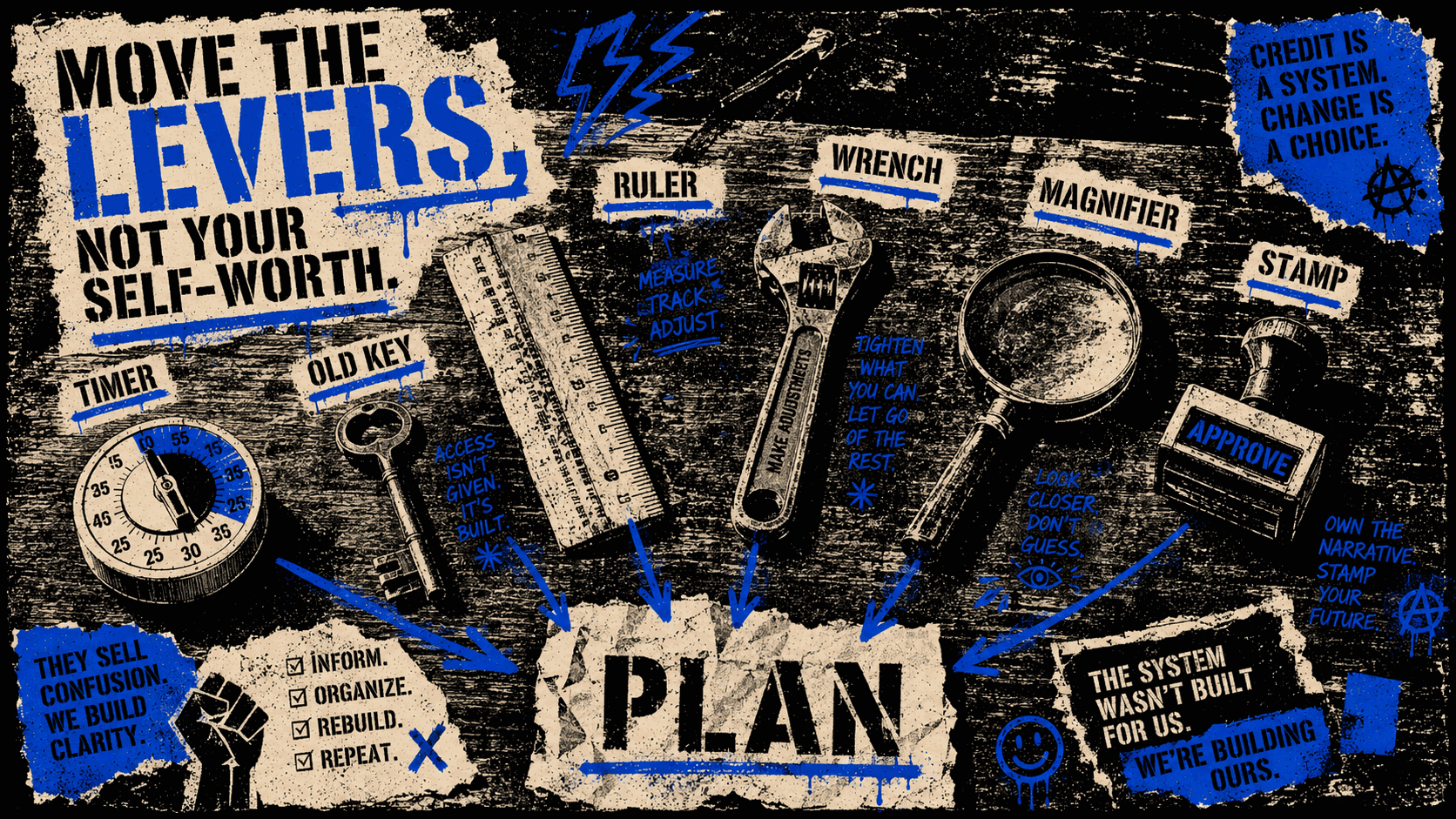 Punk protest-style image showing six credit score improvement tools on a workbench, representing the key factors that affect your credit score and a plan to raise it.