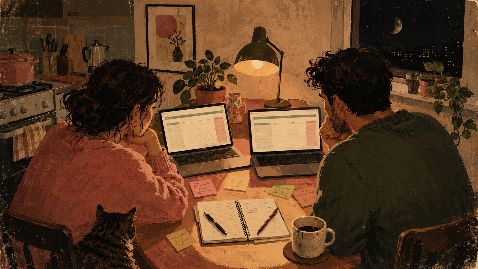 Retro poster illustration of a couple planning their budget at a kitchen table at night with laptops, sticky notes, coffee, and warm lamp light.