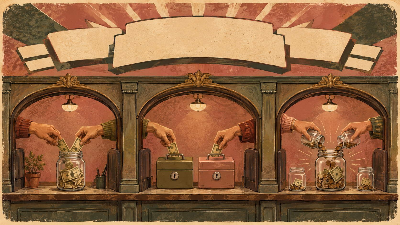 Retro poster illustration of three bank teller windows showing different household money systems with cash jars, lockboxes, and shared savings.