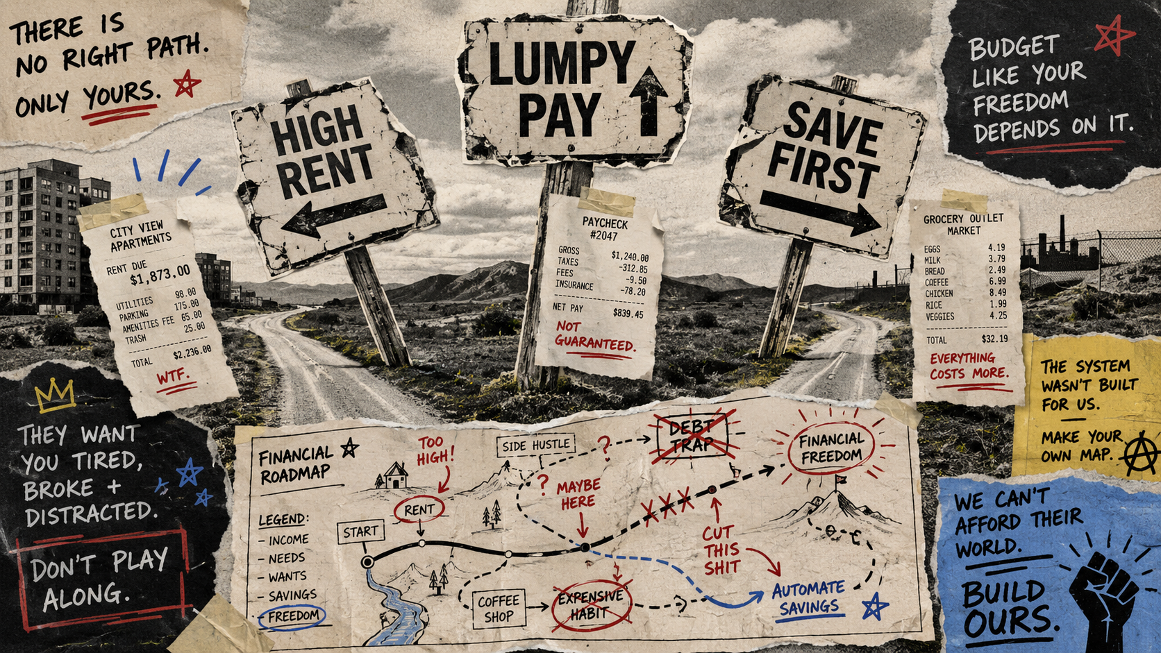 DIY zine collage of a budgeting crossroads with torn road signs reading High Rent, Lumpy Pay, and Save First, plus taped receipts and a hand-drawn financial map marked up in red.