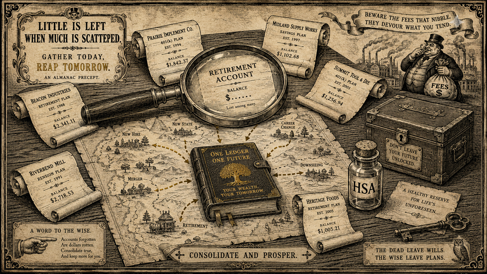19th-century almanac woodcut of retirement account scrolls, an HSA vial, lockbox, and map paths converging into one ledger.
