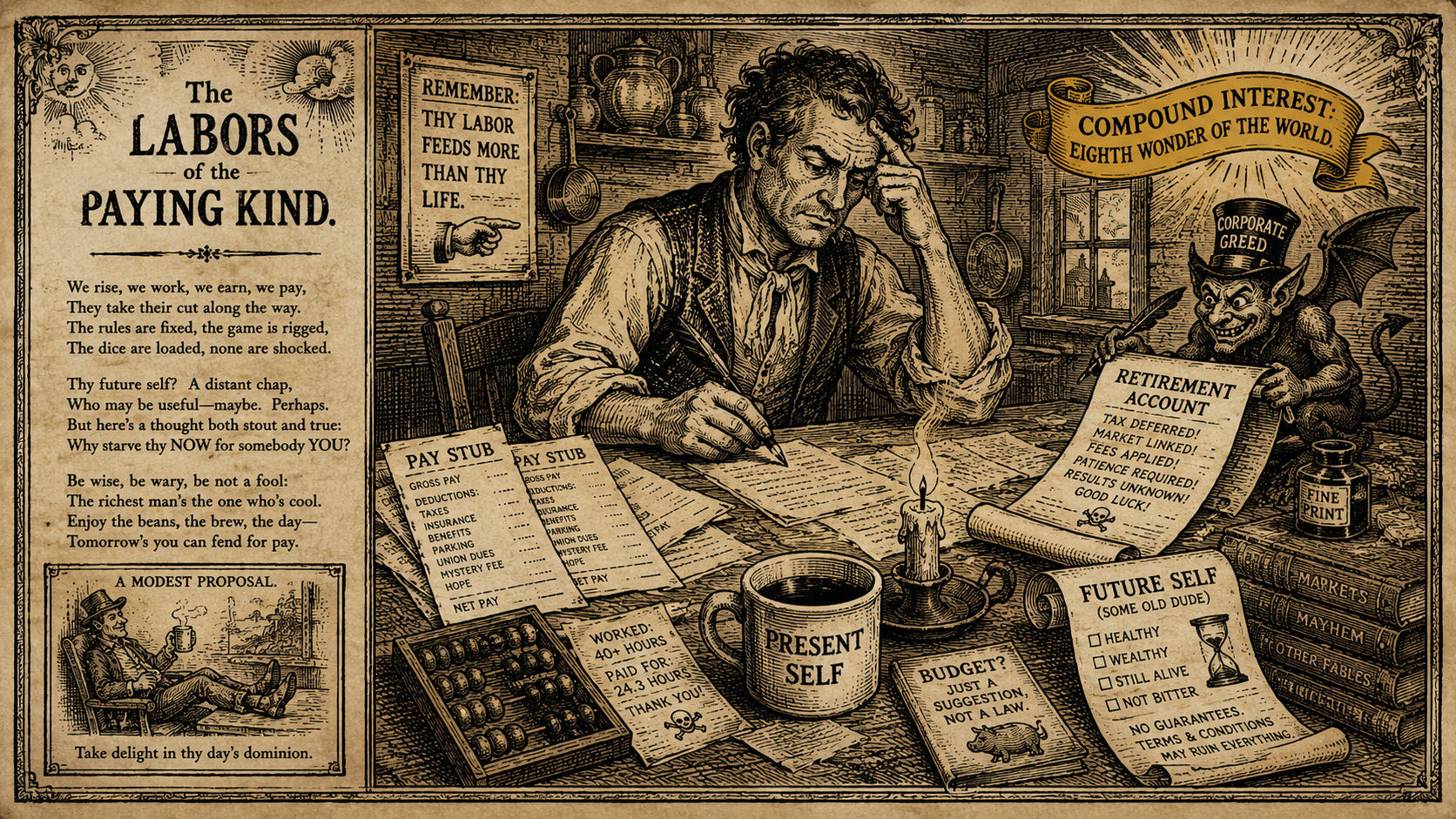 19th-century almanac woodcut illustration of pay stubs, an abacus, retirement scrolls, and a present self coffee cup on a kitchen table.